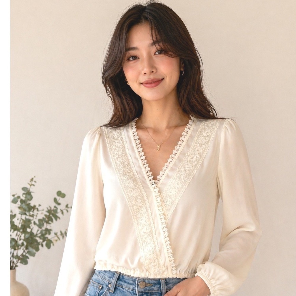 Mi Ami Francescas Ivory Lace Trim Wrap Blouse Long Sleeve V-Neck Top Romantic